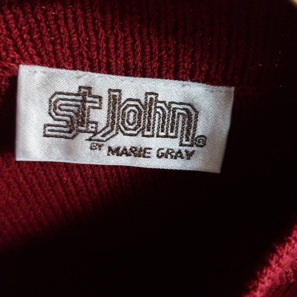 St John Marie Gray Dress Womens 12 Red Knit Mock Neck Shoulder Pads Made in USA - Picture 4 of 11